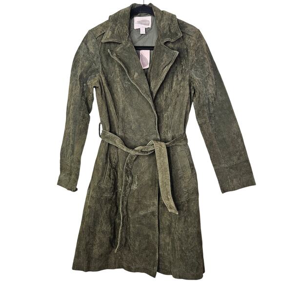Deadstock Damaged Y2K Forever 21 L Green Suede Leather Trench Coat Whimsygoth - Picture 1 of 6